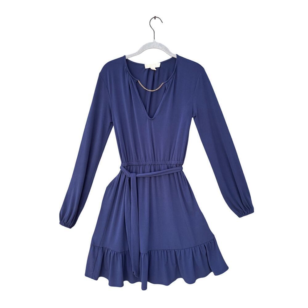 Michael Kors XS Navy Blue Long Sleeve Mini Dress Gold Chain Belted Ruffle - Picture 3 of 14
